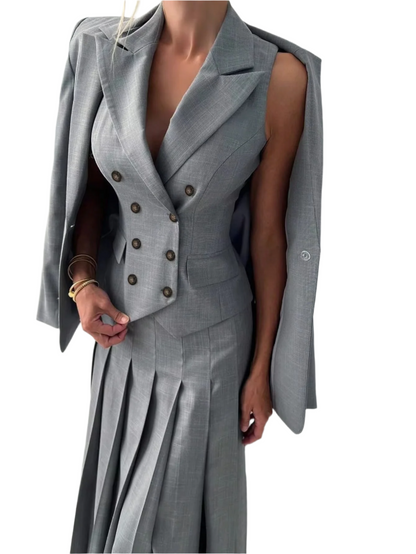 3-Piece Women’s Elegant Work & Casual Suit Set – Fitted Vest & Pleated Midi Skirt