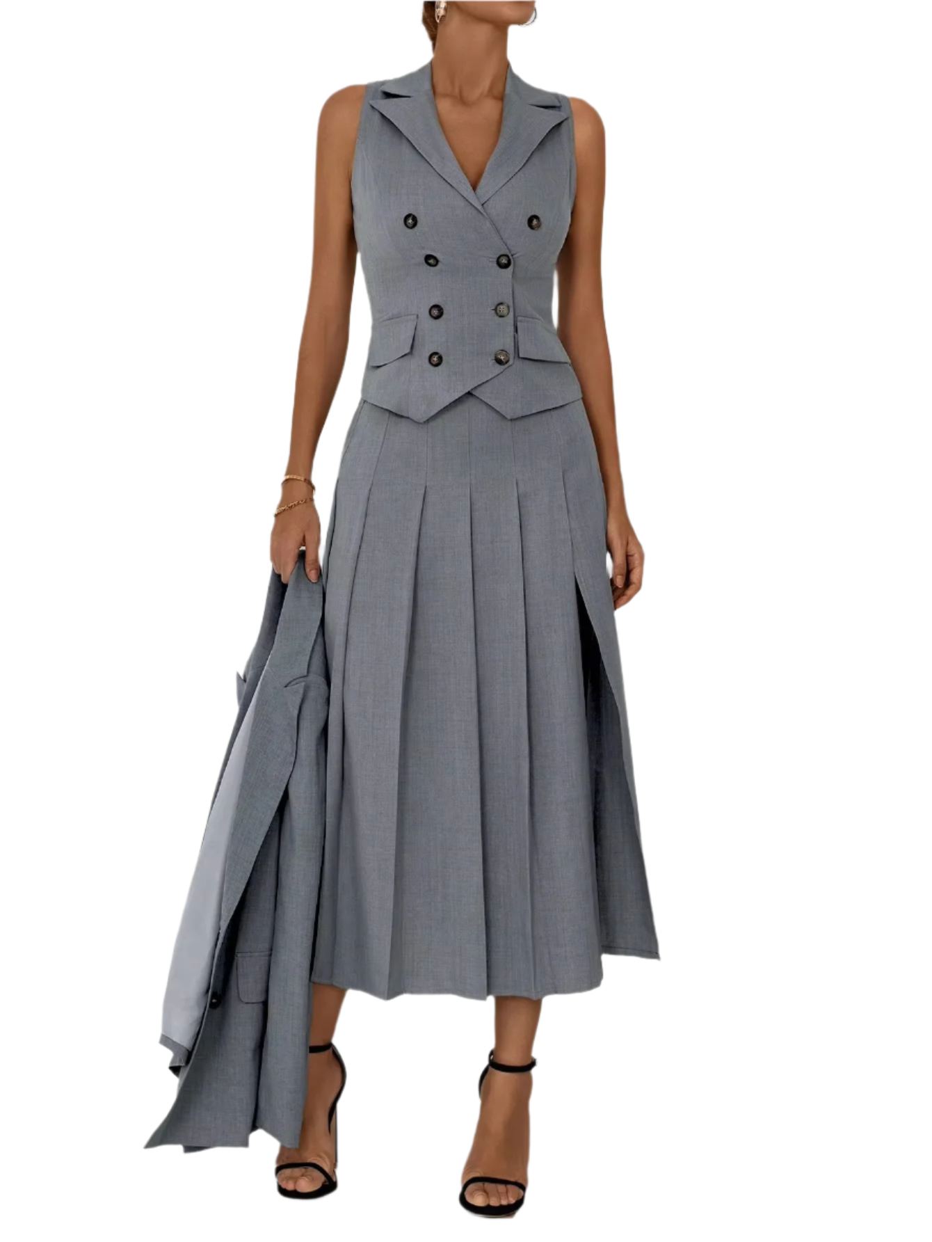 3-Piece Women’s Elegant Work & Casual Suit Set – Fitted Vest & Pleated Midi Skirt