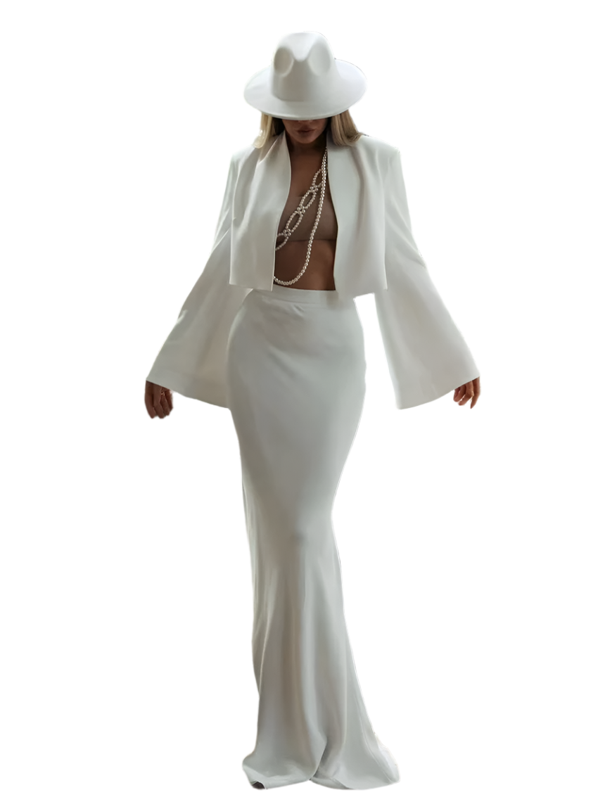 Loose White Skirt Set – Long Sleeve Shirt & High-Waist Maxi Skirt