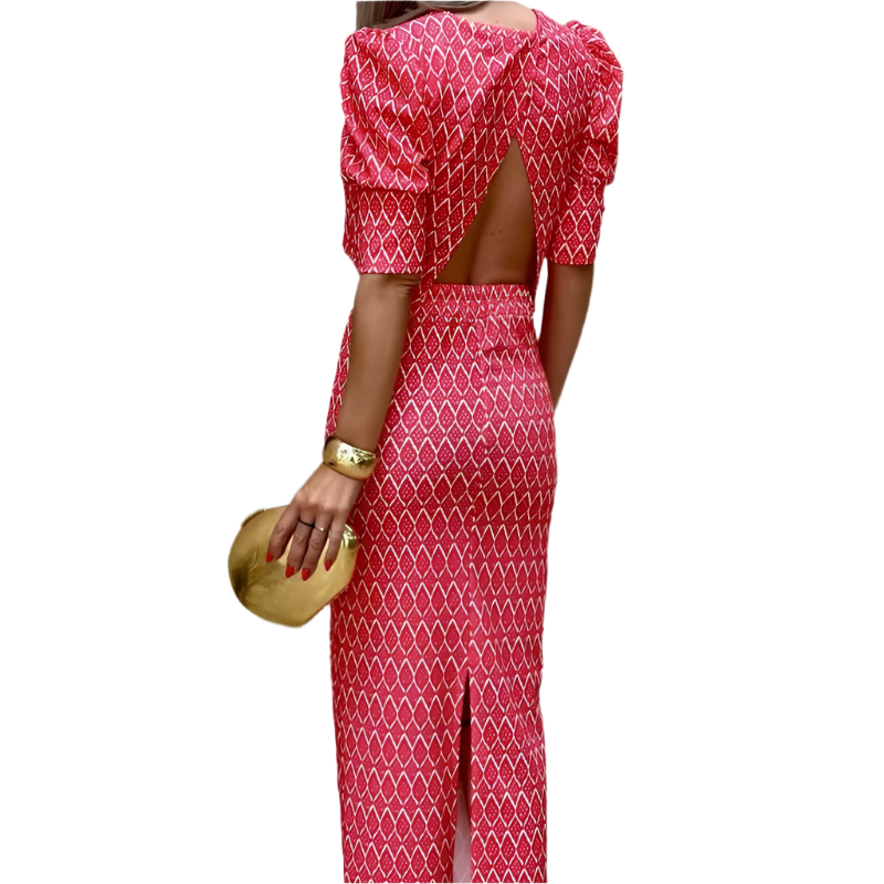 2-Piece Set – Puff Sleeve Top & Slit Skirt