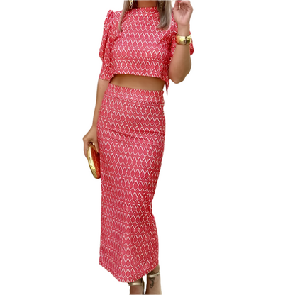 2-Piece Set – Puff Sleeve Top & Slit Skirt