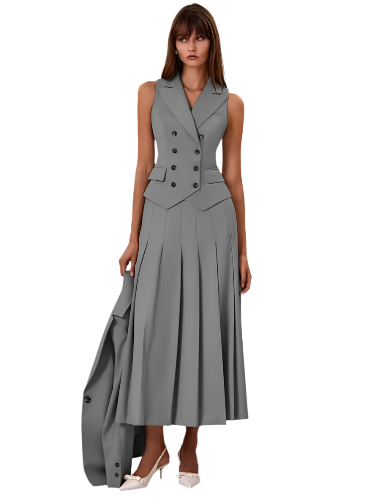 2-Piece Set – Double-Breasted Vest & Pleated Split Skirt