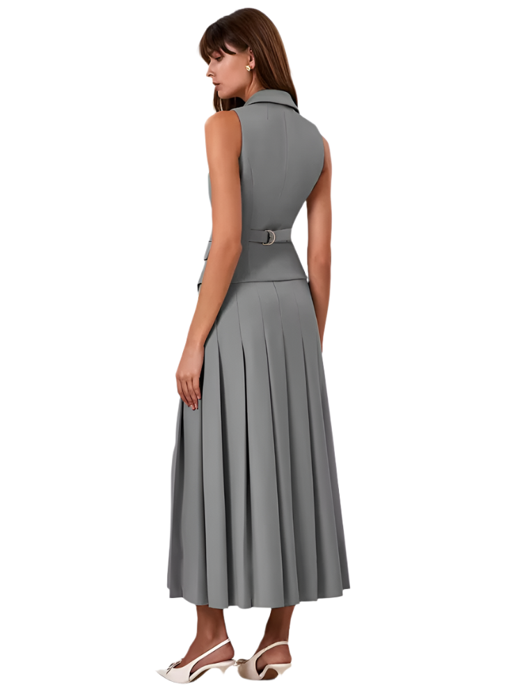 2-Piece Set – Double-Breasted Vest & Pleated Split Skirt