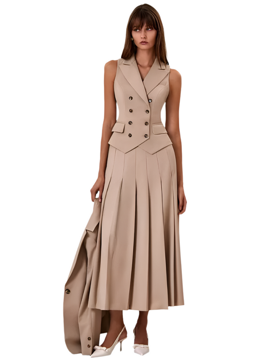 2-Piece Set – Double-Breasted Vest & Pleated Split Skirt