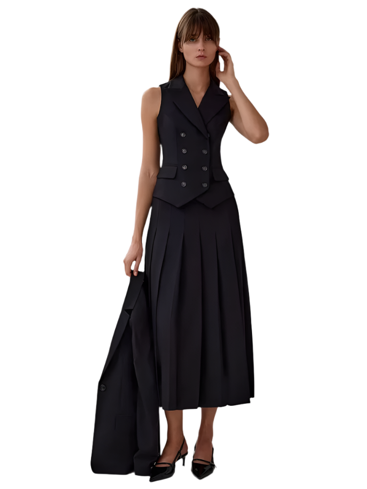 2-Piece Set – Double-Breasted Vest & Pleated Split Skirt