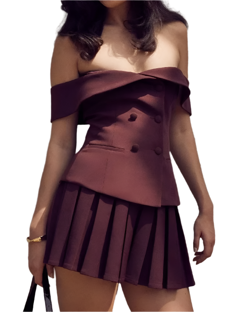 Mozision Off-Shoulder 2-Piece Set – Crop Top & Pleated Mini Skirt