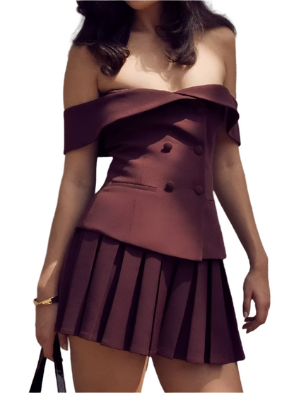 Mozision Off-Shoulder 2-Piece Set – Crop Top & Pleated Mini Skirt