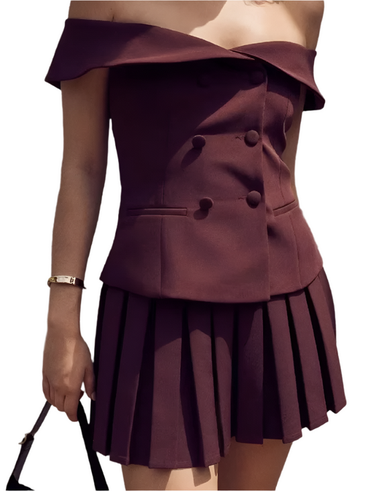Mozision Off-Shoulder 2-Piece Set – Crop Top & Pleated Mini Skirt