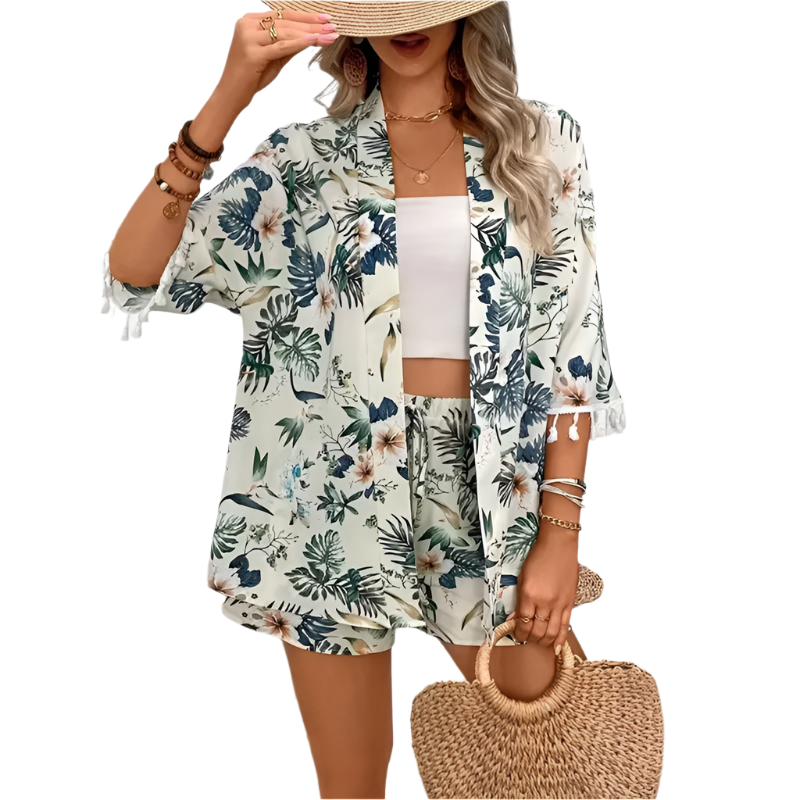 Floral Open-Front Cardigan & Shorts Set