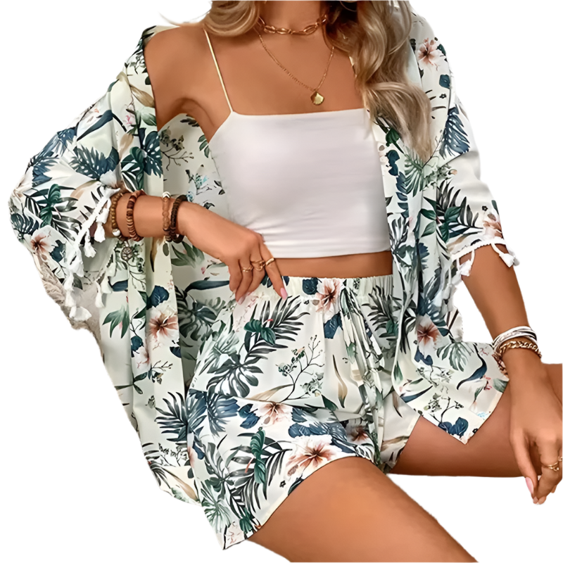 Floral Open-Front Cardigan & Shorts Set