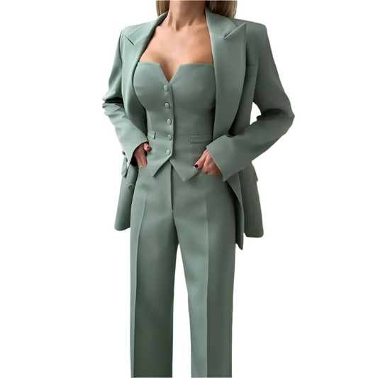 Elegant Deep V-Neck Office Suit – Blazer & Straight Pants Set