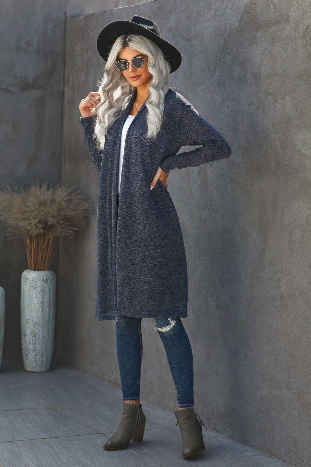 Blue Slouchy Pocketed Knit Longline Cardigan