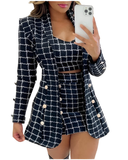 Elegant Plaid Print 3-Piece Suit – Timeless Office Chic