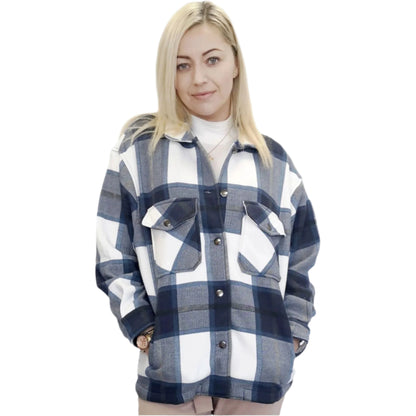 Navy Blue Checked Shacket Womens